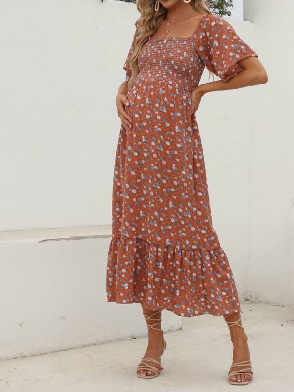 Rust Floral Smocked Midi Dress - Women